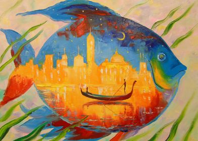 Magic fish,oil painting,urban landscape,animalism,natur ... 