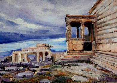 An oil painting of the Acropolis in Athens, featuring t ... 