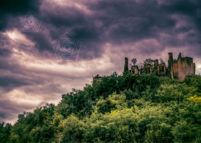 Landscape with a castle ruin, dark skies photo, sacred  ... 