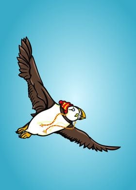 A funny cartoon style illustration showing a puffin wea ... 