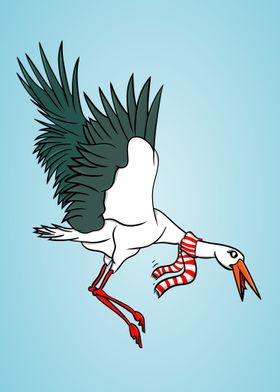 A crane wearing a red and white neck scarf.