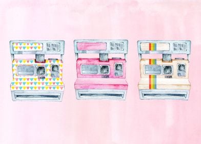 3 polaroid cameras in pink background in watercolor.