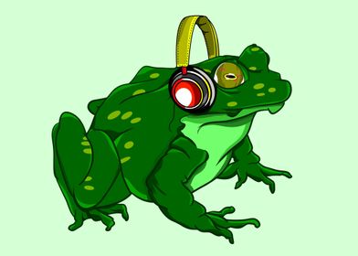 A funny green bullfrog listening to music on it's headp ... 