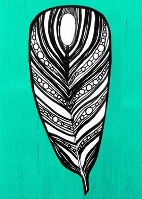 Ink illustration of a feather with a teal background 