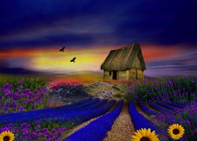 painting artwork of a fantasy lavender field and sunflo ... 