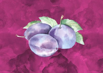 Plums in watercolor on a rosy red background.