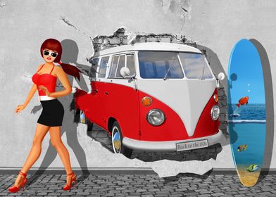Pin-up girl with oldtimer and surfboard. Street art in  ... 