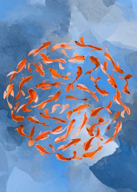 Koi fish swimming in a circle on a blue background. In  ... 