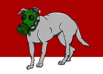 A dog wearing a military style gas mask.