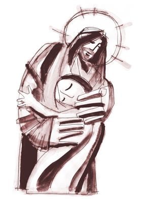 Hand drawn illustration or drawing of Jesus Christ hugg ... 