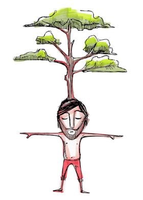 Hand drawn illustration or drawing of a man with a tree ... 