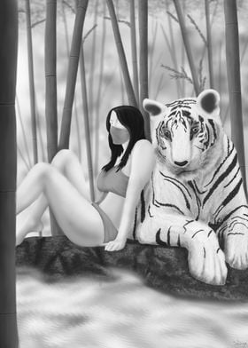 Ninja girl and Tiger relax in bamboo garden. (black