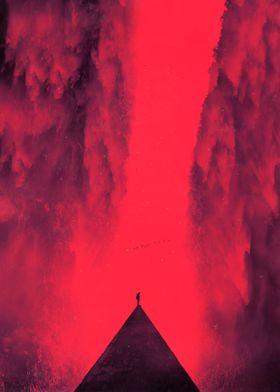 Red tinted surreal landscape with a lone person at the  ... 