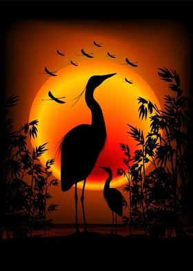 Heron Shape on Exotic Zen Sunset