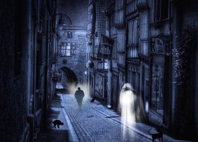 A wonderful fantasy street with ghosts and cats on a co ... 