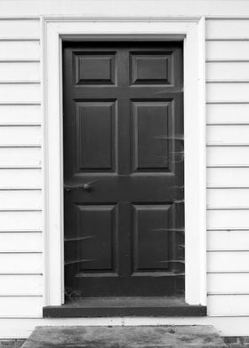 Black and white photo of a door covered with cobwebs in ... 