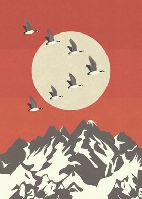 Migratory birds flying over the mountains.