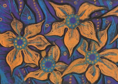Golden flowers, pastel painting, funky floral art