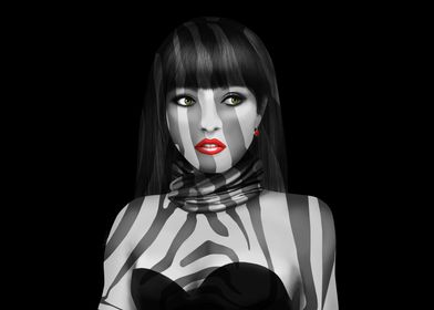 Beautiful woman with green eyes, red lips and stripes i ... 