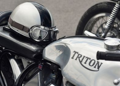 Close up of a classic British Triton Motorcycle and hel ... 