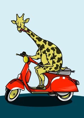 A funny cartoon giraffe riding a red moped.