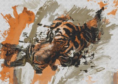 Tiger on water colored digitally remastered print, in o ... 