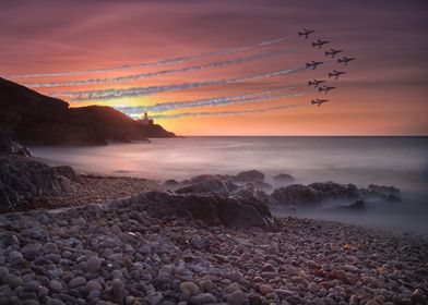 The Red Arrows passing Mumbles lighthouse and Bracelet  ... 