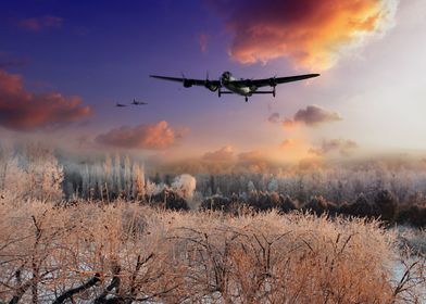 A Royal Air Force Avro Lancaster bomber flanked by two  ... 