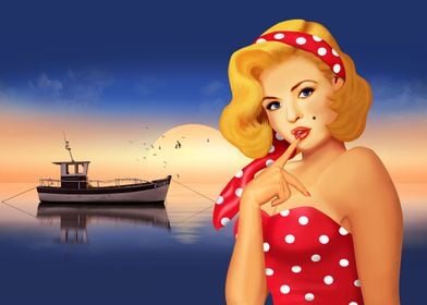 Pin-up girl on the sea, in a nostalgic retro style of t ... 