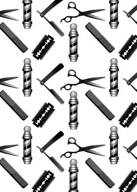 A black and white pattern of classic barbers shop tools ... 