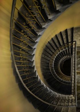 Spiral staircase in yellow and grey.