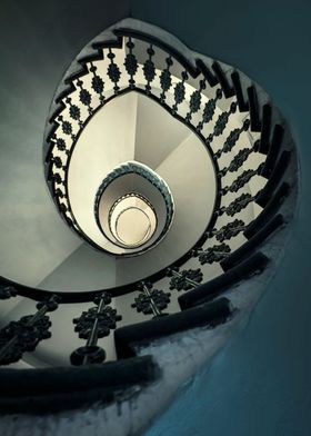 Blue and beige spiral staircase