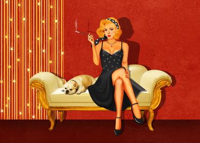 Elegant pin up girl in retro syle on sofa with dog in b ... 