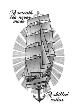 A grey scale illustration of a vintage schooner. The te ... 