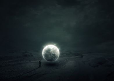 moon fallen to desert infront of man