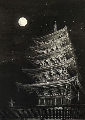 "Full Moon Over Lighted Kofukuji Pagoda"  pen and ink o ... 