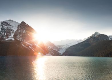 Sun setting overlooking the iconic view at Lake Louise, ... 