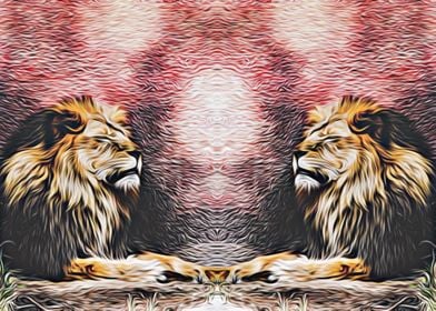 two lions with red and black background