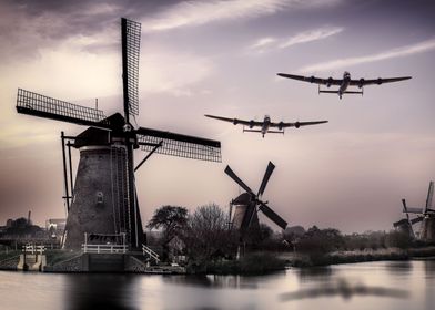 lancaster bombers over the dutch mills