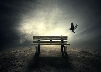 bird landing on bench