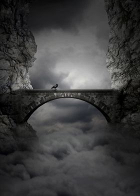 crow on a bridge upon clouds