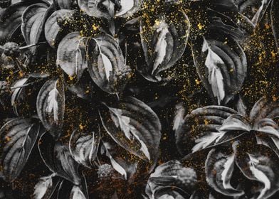 Dark black and white leaves with golden splatters.