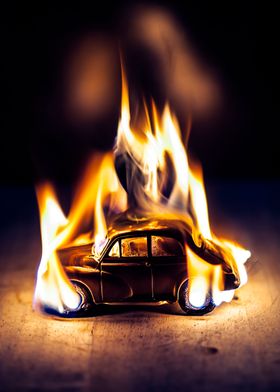 A burning Morris Minor car