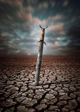 Ancient medieval sword stuck in the dry and cracked dir ... 