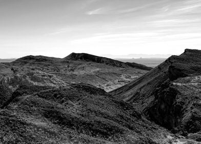 desert and mountain in black and white