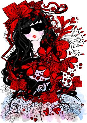Girl with red color floral hearts pen art illustration