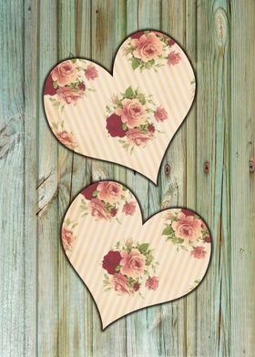 Two hearts with roses motive on rustic green mottled wo ... 