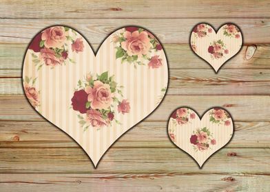 Three hearts with roses motive on rustic wood, in shabb ... 