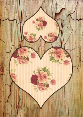 Two hearts with romantic roses motive on rustic wood, i ... 