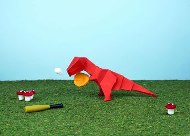 Yes T-Rex can! Red origami T-Rex playing baseball as p ... 